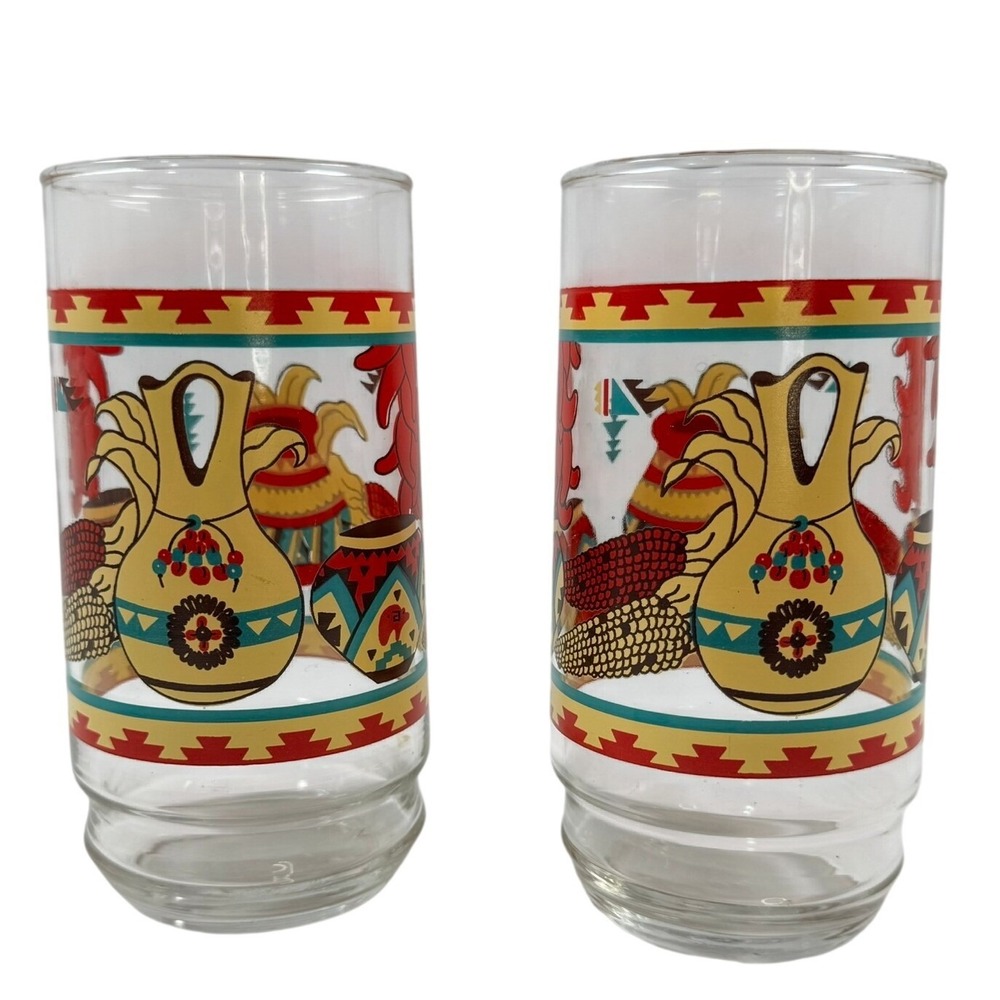 Vintage 70s Indiana Glass Southwest Aztec Pottery Peppers Glass Set of 2 BOHO